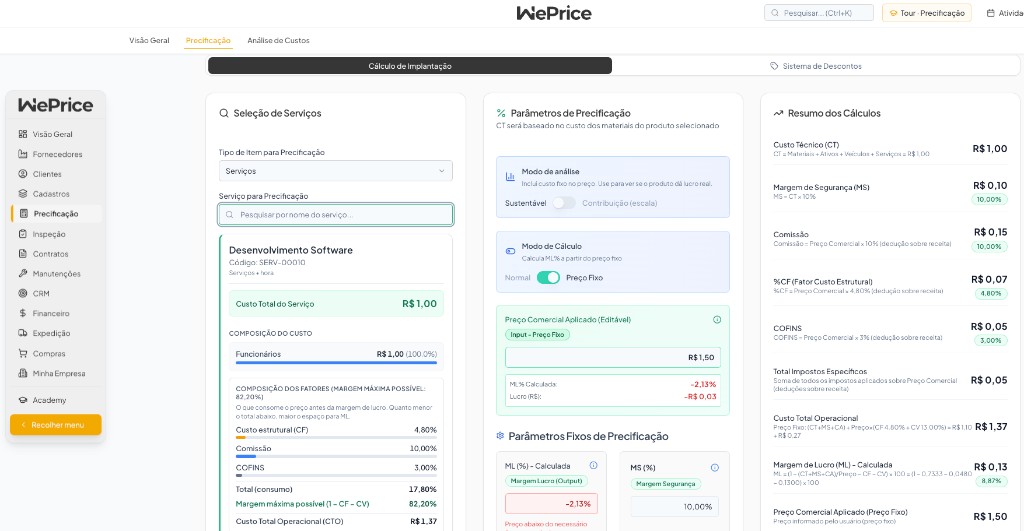 WePrice: Calculadora de Custo Técnico com composição de custo, parâmetros e resumo do preço