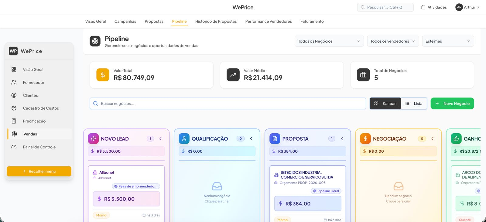WePrice: pipeline comercial